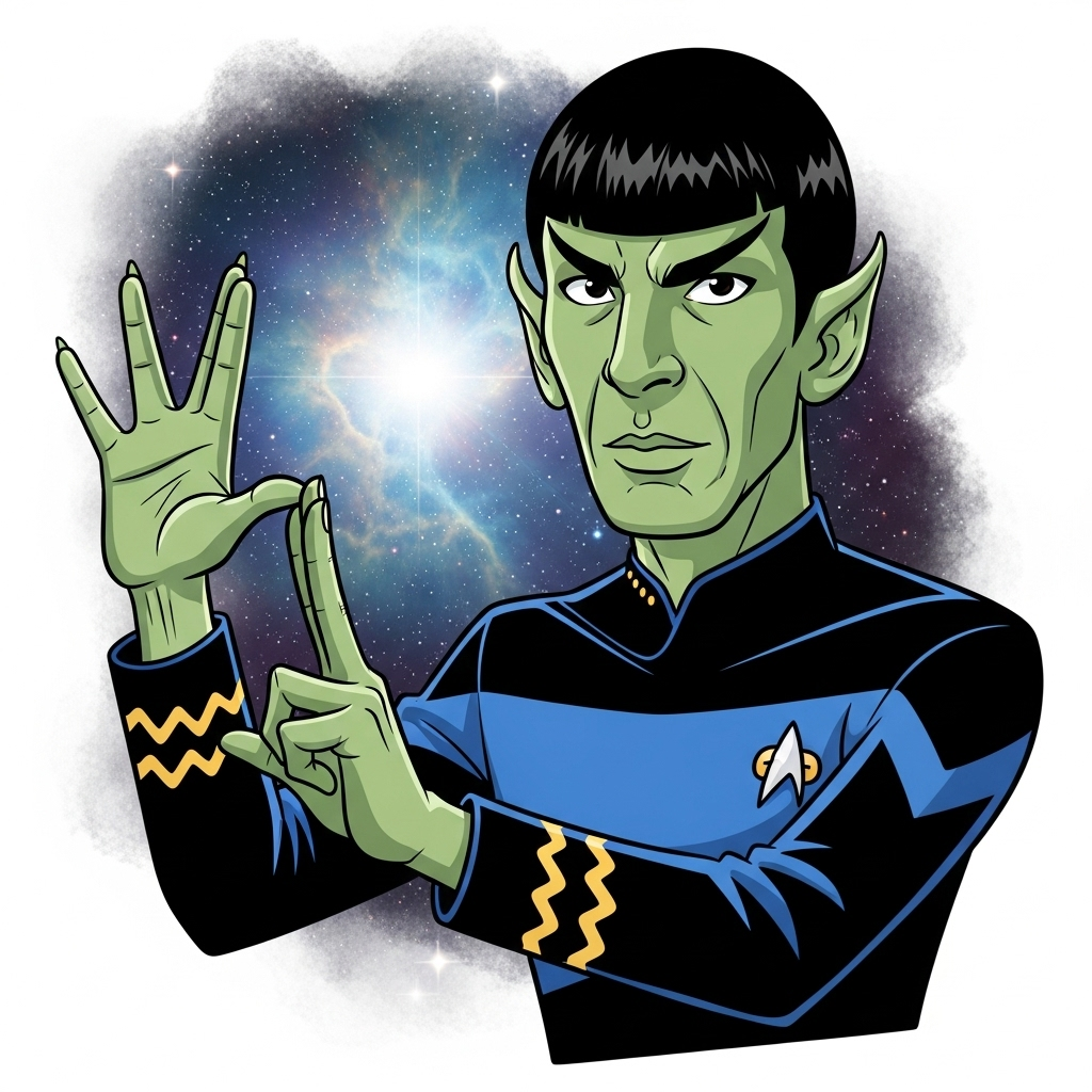 Spock from Star Trek making the Live Long and Prosper gesture.
